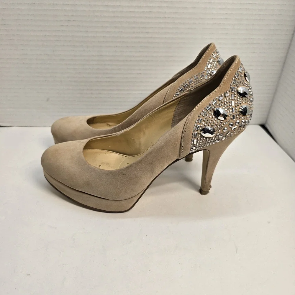 Gianni Bini Tan Suede Rhinestone Embellished Platform Pumps Heels Womens 7.5M